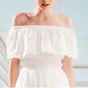 🛼🍕🪻Ferocious White Off Shoulder Prairie Dress Gauze Lace Trim Small